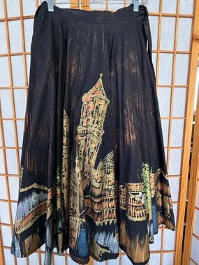 Vintage Hand Painted Metallic Novelty Print Full Circle Skirt Mexican Lavable